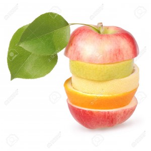 12509297-Allegri-frutta-mista-con-foglie-tra-cui-arancia-pera-mela-e-limone-isolato-su-bianco--Archivio-Fotografico